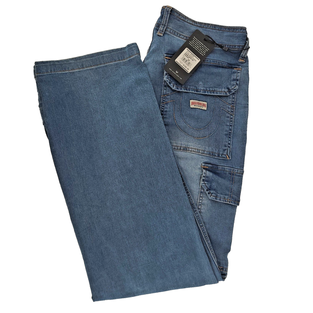 True Religion Denim Cargo Straight Jeans Mens Sz 30 Medium Wash Stretch NWT $199